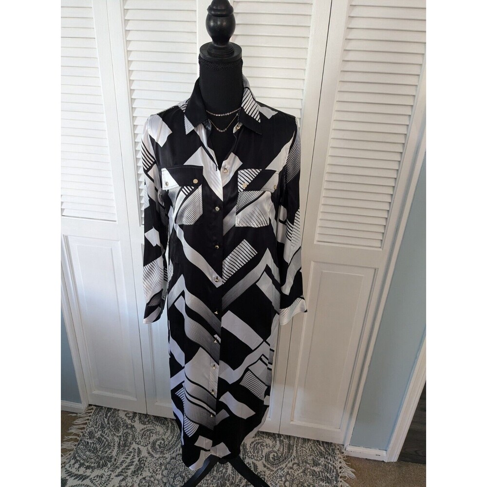 Chico's Black Label Silk Dress Women's S (0) Button-Down Black White Career Midi